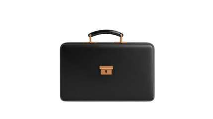 Stylish black briefcase with golden lock on a transparent background  