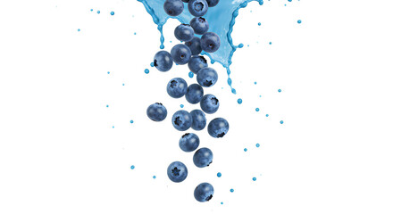 blueberries falling down with blueberry juice PNG. Fresh and organic blueberry juice with blueberry fruit flying isolated. Vegan vegetarian blueberries flying png. blueberry fruit isolated