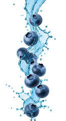blueberries falling down with blueberry juice PNG. Fresh and organic blueberry juice with blueberry fruit flying isolated. Vegan vegetarian blueberries flying png. blueberry fruit isolated