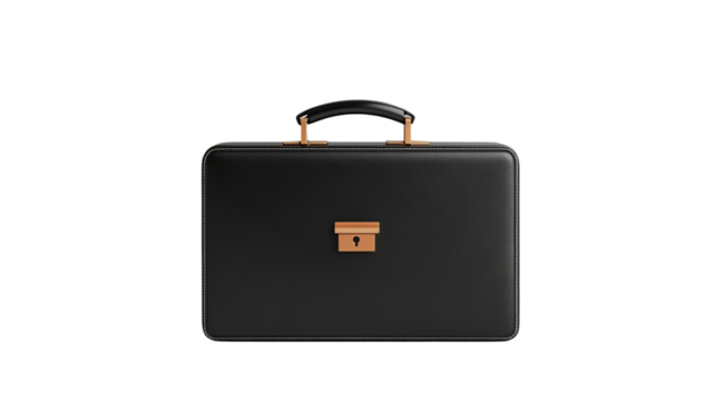 Stylish black briefcase with golden lock on a transparent background  