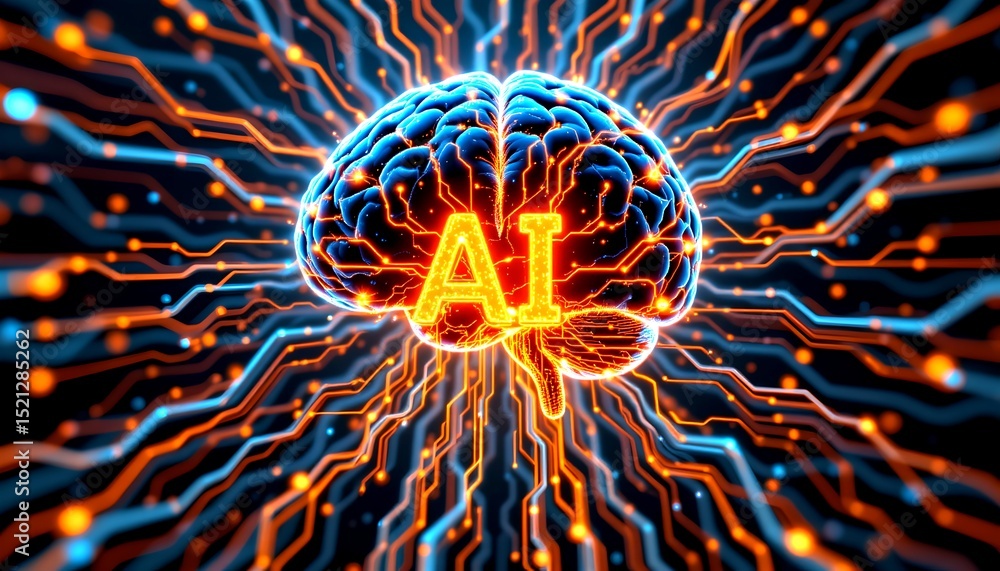 Poster an illustration of ai glowing brain shows the technology of artificial intelligence