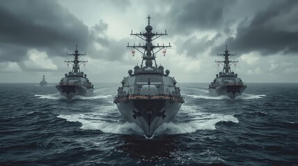 Naklejka premium High-contrast photo of a naval fleet in rough ocean waters. Large warship centered, flanked by smaller ships with radar antennas. Overcast sky and choppy waves create a powerful, intense scene.