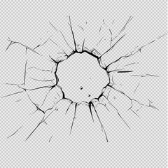 Obraz premium Simple black and white illustration of a cracked glass impact point with clean lines and scattered shards on a white background, ideal for print, T-shirts, or coloring pages.