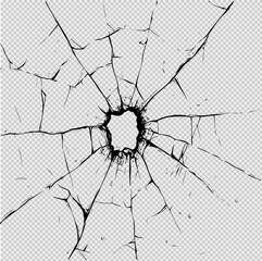 Fototapeta premium Simple black and white illustration of a cracked glass impact point with clean lines and scattered shards on a white background, ideal for print, T-shirts, or coloring pages.