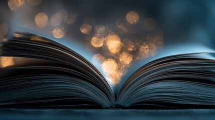 Open Book with Glowing Lights in a Serene Dark Ambience