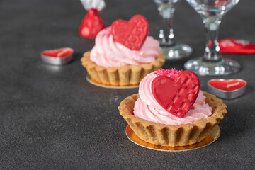 Homemade sand baskets with protein cream and chocolate hearts for Valentine's Day