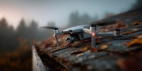 Modern grey drone with spinning propellers sits on the right side of a shingled rooftop, covered in autumn leaves, with a gutter visible in the foreground.