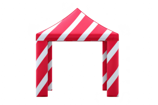 Red and white striped inflatable tent with pointed roof, suitable for outdoor events and gatherings. vibrant colors and simple design make it eye catching and functional