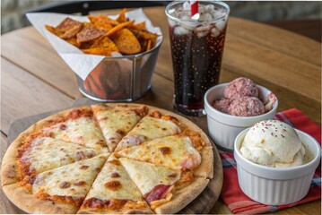Cheese pizza + spicy chips + ice cream cup + sparkling drink