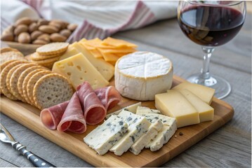 Cheese platter + ham rolls + red wine