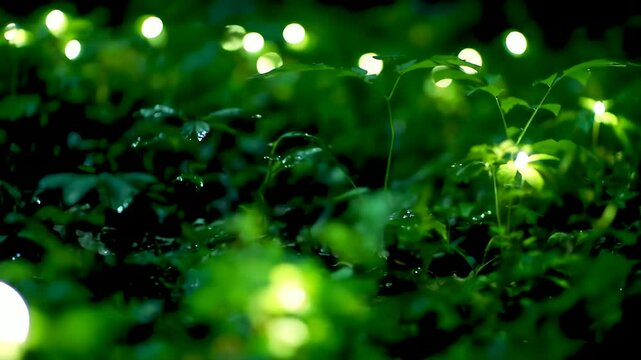 Magical Green Forest Illuminated with Mysterious Night Lights and Glowing Orbs