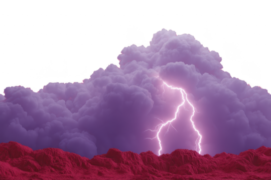 Dramatic scene of purple storm clouds with bright lightning striking above red rocky landscape, creating surreal and intense atmosphere