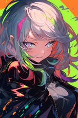 Naklejka premium Vibrant Anime Girl Portrait Colorful Hair and Trendy Jacket