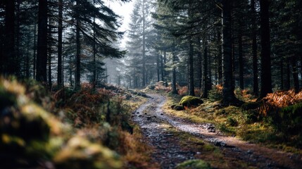 woodland dirt path surface with hazy morning forest blurred