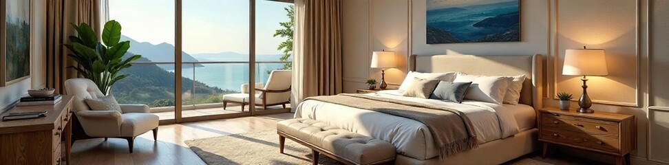 Fototapeta premium Luxurious master bedroom retreat featuring a plush king-size bed, elegant nightstands, and large windows offering natural light and stunning views , warm, serene