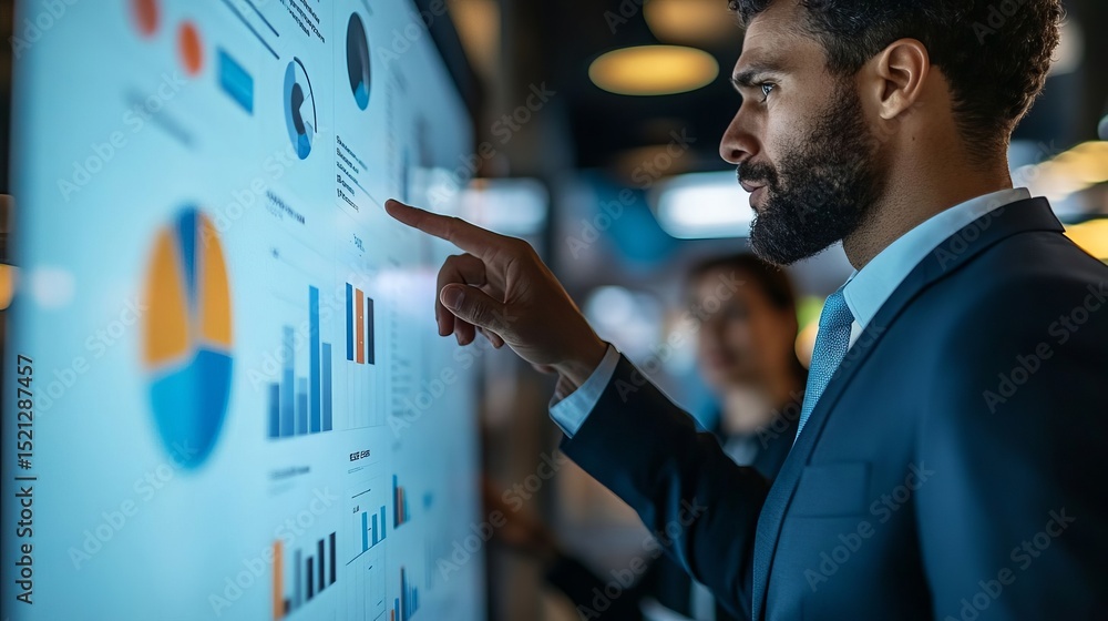 Poster businessman analyzing financial data on interactive screen displaying charts and graphs
