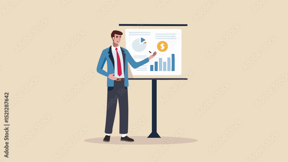 Aufkleber man in suit presenting a financial chart with pie chart and bar graph on a white presentation board