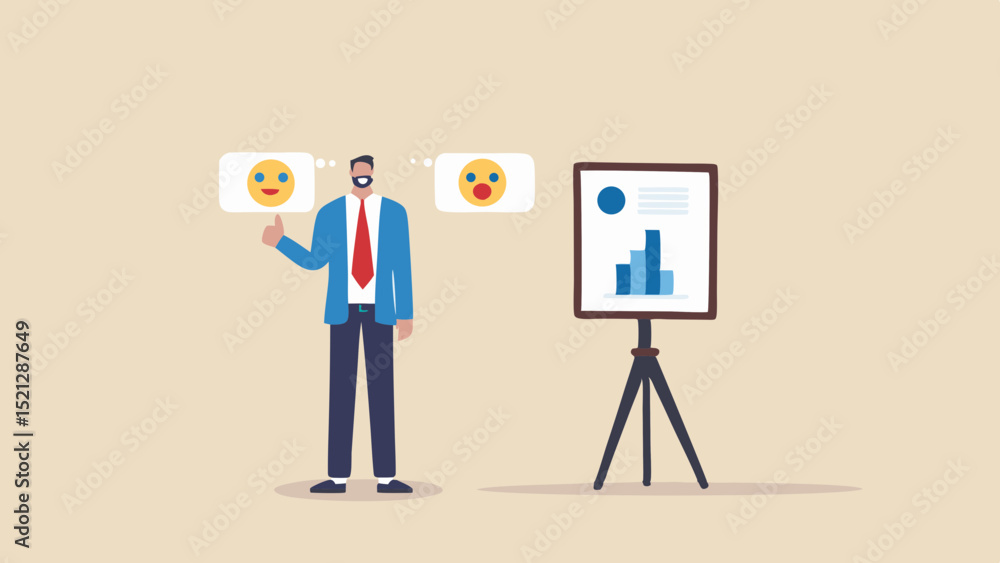 Poster man giving presentation with positive and negative emoji feedback and chart on a presentation board