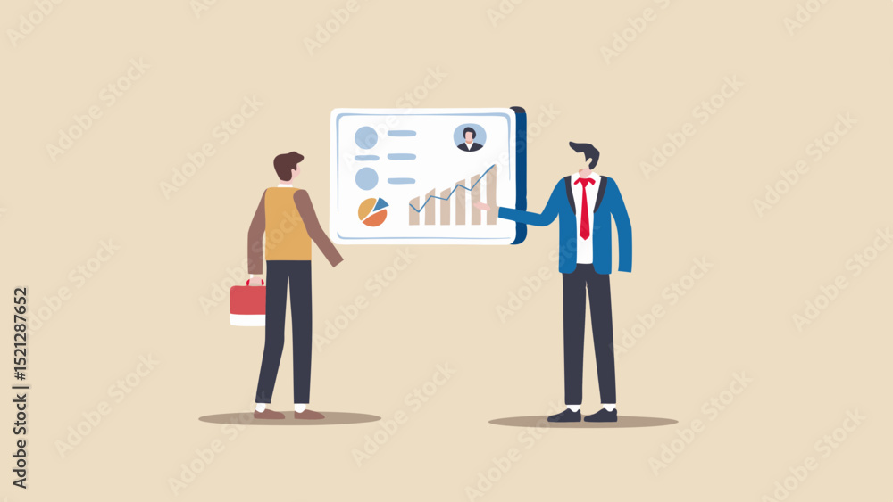 Poster two business people presenting a data chart with bars and a pie chart on a white background screen