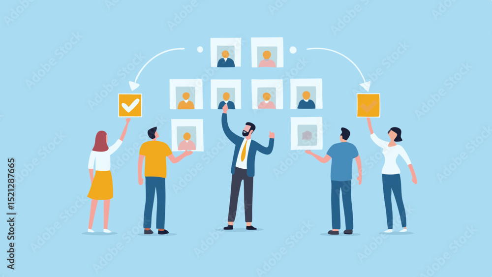Poster team members selecting candidates for a project with a hierarchy chart on a light blue background