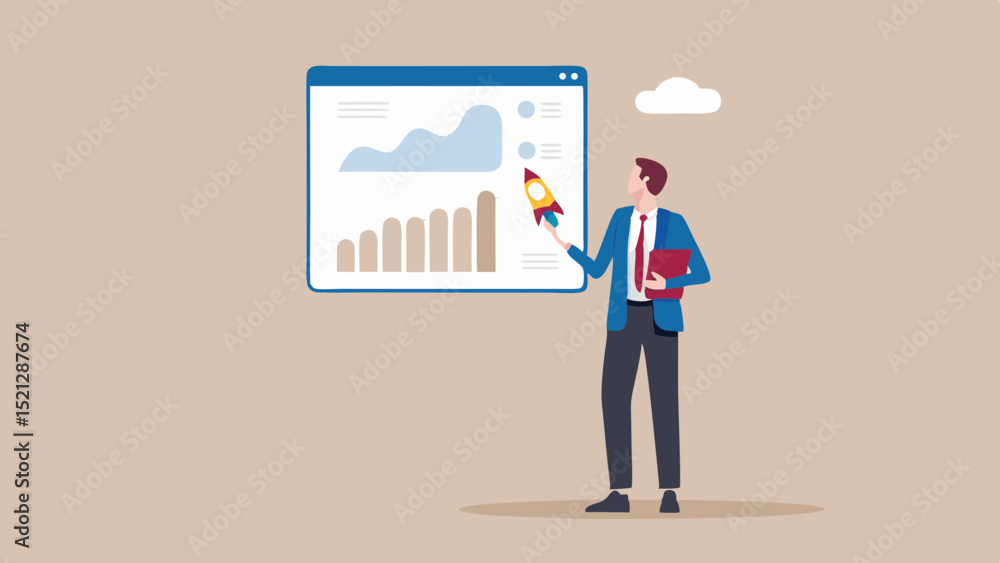 Poster man presenting growth chart with rocket on screen and cloud in the background in light brown color
