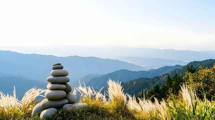 Panoramic Mountain View With Stone Cairn And Grassy Field