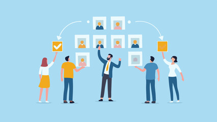 Team members selecting candidates for a project with a hierarchy chart on a light blue background