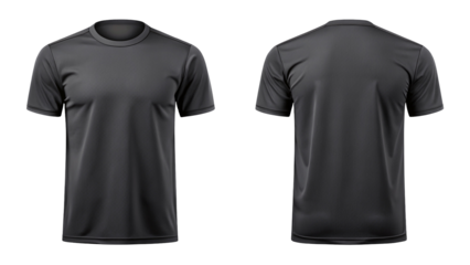 A front and back view of a plain black t shirt isolated on a black background in a studio shot