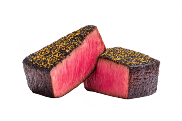 Two pieces of perfectly cooked, juicy steak with charred crust and sprinkle of seasoning on top, showcasing vibrant pink interior