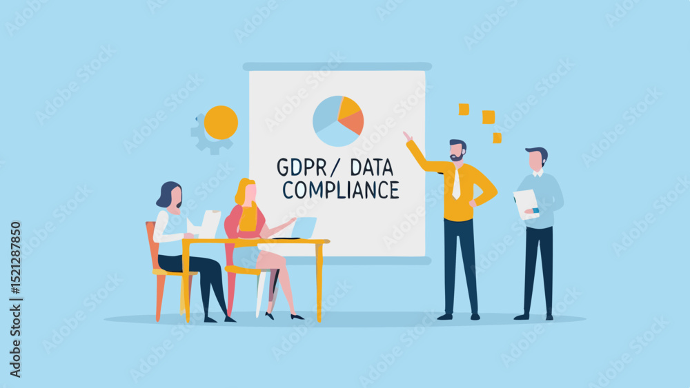 Aufkleber presentation on gdpr data compliance with team in a meeting room setting with a pie chart on screen