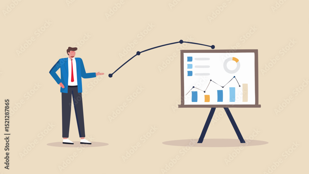 Poster man presenting business data on a whiteboard with line graph and bar chart to an audience of investo