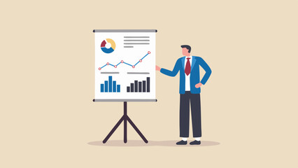 Man presenting business data on a flip chart with bar graphs and pie chart in a business presentation