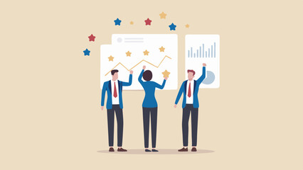 Three people celebrating success with graphs and stars in the background, showing teamwork and achievement