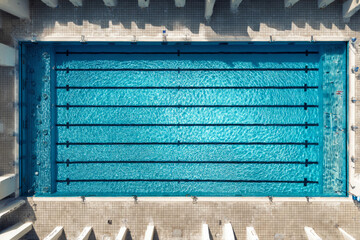 Aerial view of an empty Olympic-size swimming pool with clear blue water and black lane dividers, surrounded by tiled deck in bright daylight — ai generative.