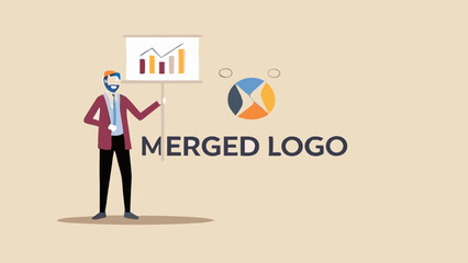 Illustration of a man presenting a bar graph with a pie chart and merged logo text nearby