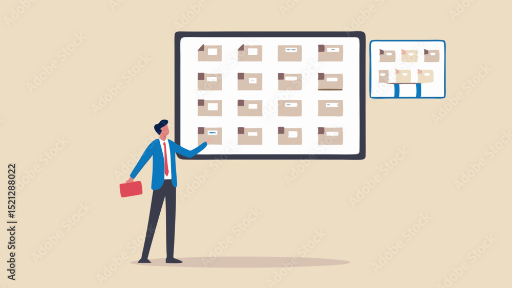 Aufkleber a man in a suit presenting a board with multiple file folder icons with a smaller board nearby