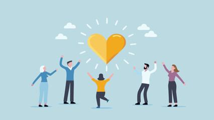 Group of people celebrating under a radiant golden heart with clouds in a light blue background