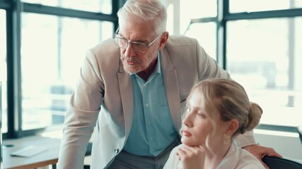 Business people, coach and computer with intern for software, training staff or guidance at office. Businessman, mentor or helping junior employee on technology for internship program at workplace