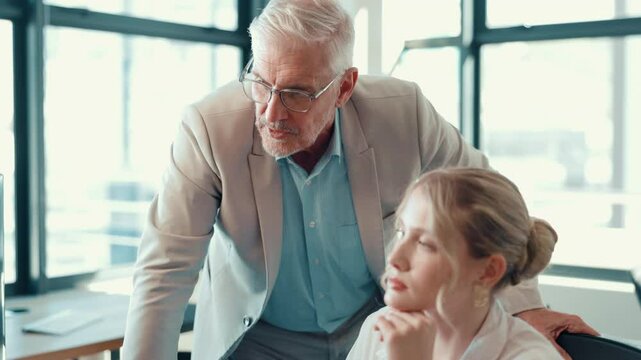 Business people, coach and computer with intern for software, training staff or guidance at office. Businessman, mentor or helping junior employee on technology for internship program at workplace