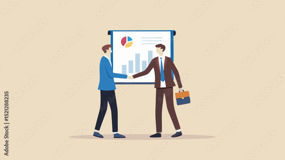 Poster two businessmen shaking hands in front of a presentation board with charts and graphs shown on it