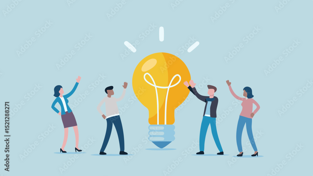 Aufkleber team celebrating a bright idea shown by a large lightbulb in the center of the image in vector forma