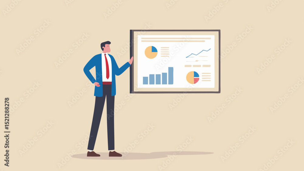 Poster man in suit presenting data charts and graphs on a board during a business meeting or presentation