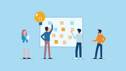 Group of people brainstorming with sticky notes and a light bulb on a board in a light blue background