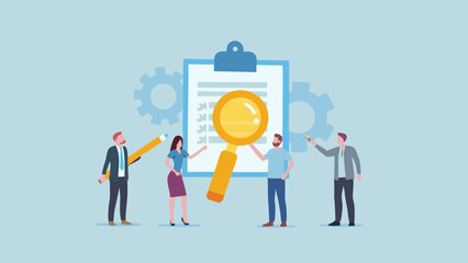 Illustration of people reviewing a clipboard with a magnifying glass and gears in the background