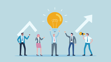 Team celebrating a bright idea with upward arrows and a megaphone in a business setting concept