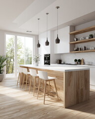 Fototapeta premium minimal modern kitchen with wood and white tones, daylight, Scandinavian style