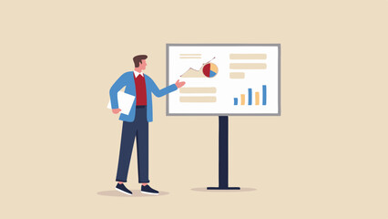 Man presenting business data on a whiteboard with charts and graphs in a simple flat illustration style