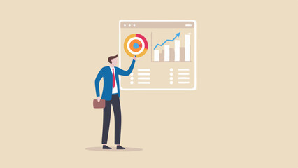 Man presenting data on a screen with a pie chart and bar graph showing business growth and analytics