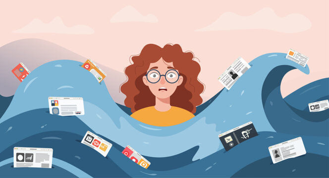 A girl in glasses drowns in panic in a wave of browsers and tabs. Symbol of digital fatigue, anxiety and burnout. Many browser tabs. Information overload.