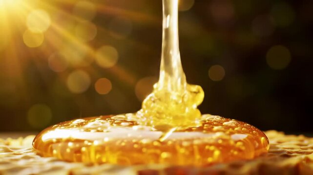 Cinematic extreme close-up orbit of golden honey pouring onto honeycomb in warm sunlight